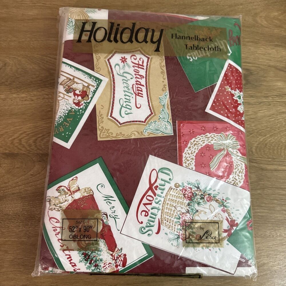 Styled by Lisa CHRISTMAS VINYL FLANNEL BACK TABLECLOTH 52" x 90" Oblong VTG